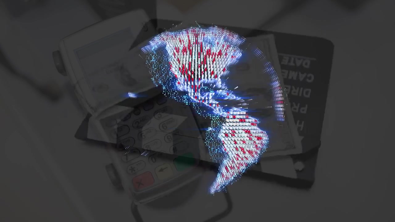 Animation of neon blue, red globe over credit card reader with currency notes and film slate