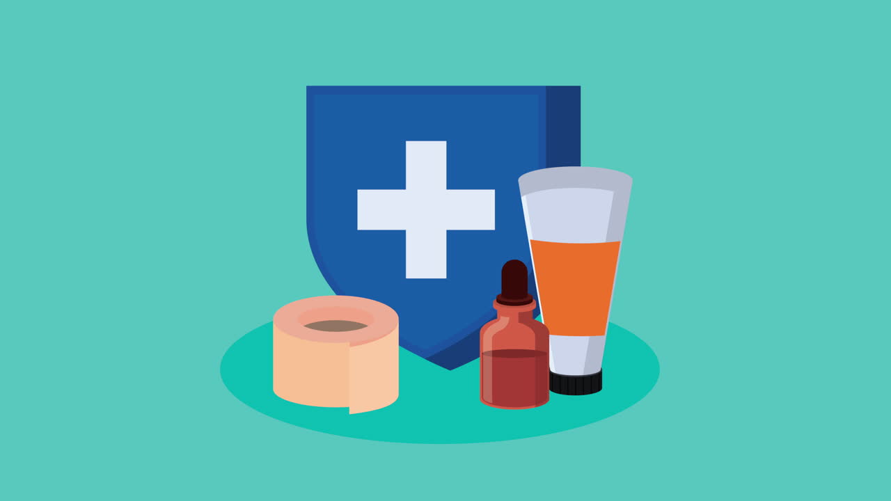 escudo azul con animación de medicamentos