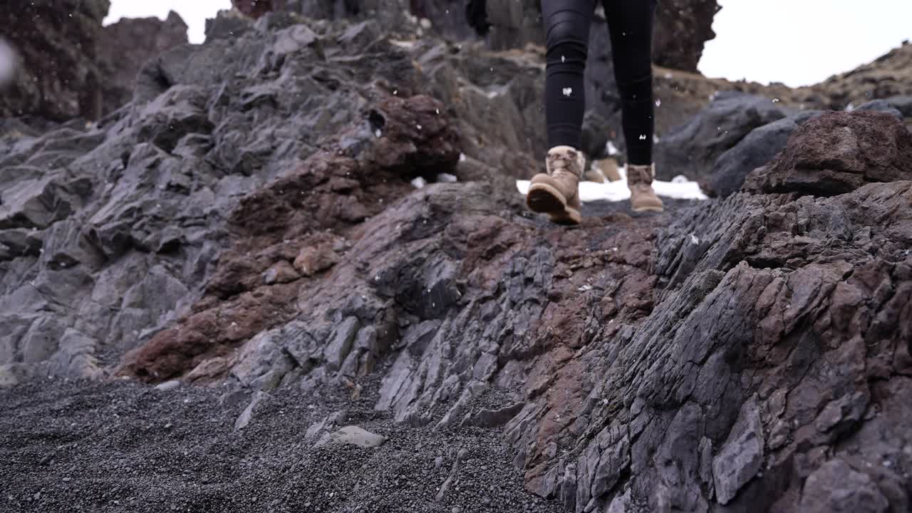 focus on the walk and jump of the talent at the beach, slow motion, Iceland