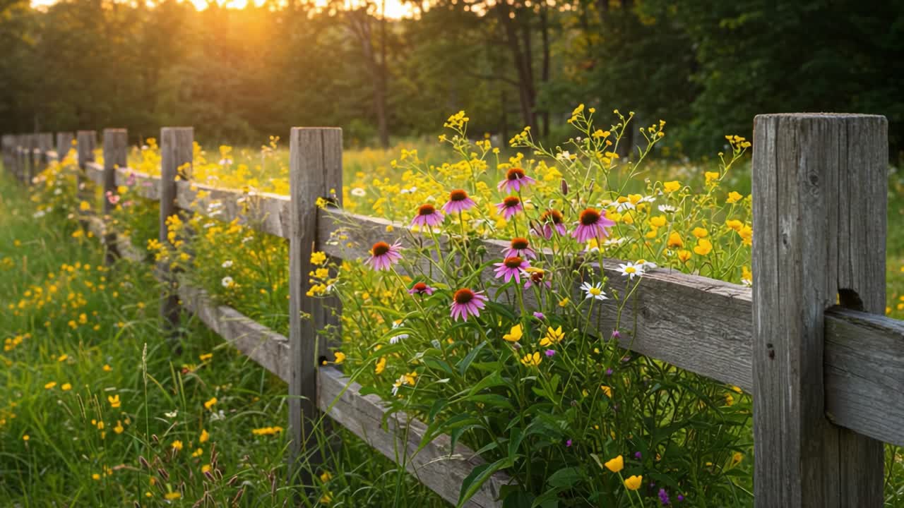A Serene Sunset Over a Lush Meadow with Colorful Wildflowers and a Rustic Wooden Fence Framing the Tranquil Landscape