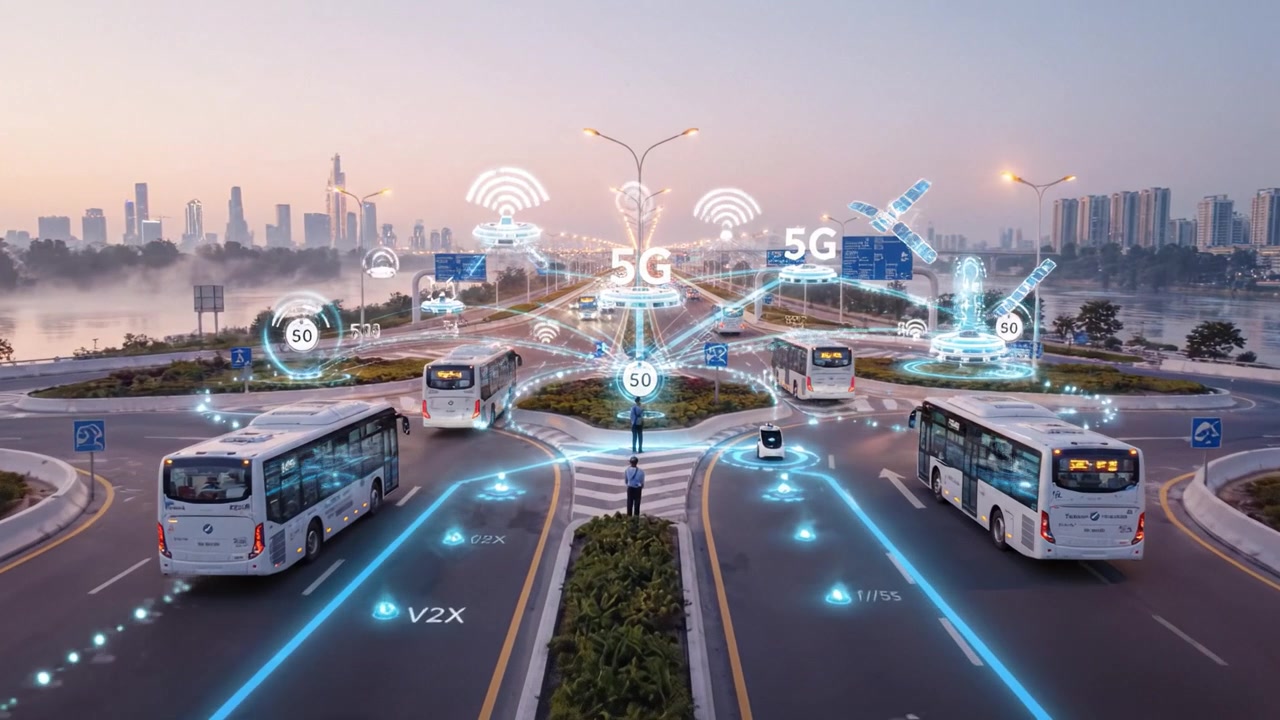 Scena urbana futuristica che mostra trasporti intelligenti con autobus elettrici e connettività 5G in un vivace paesaggio urbano all'alba