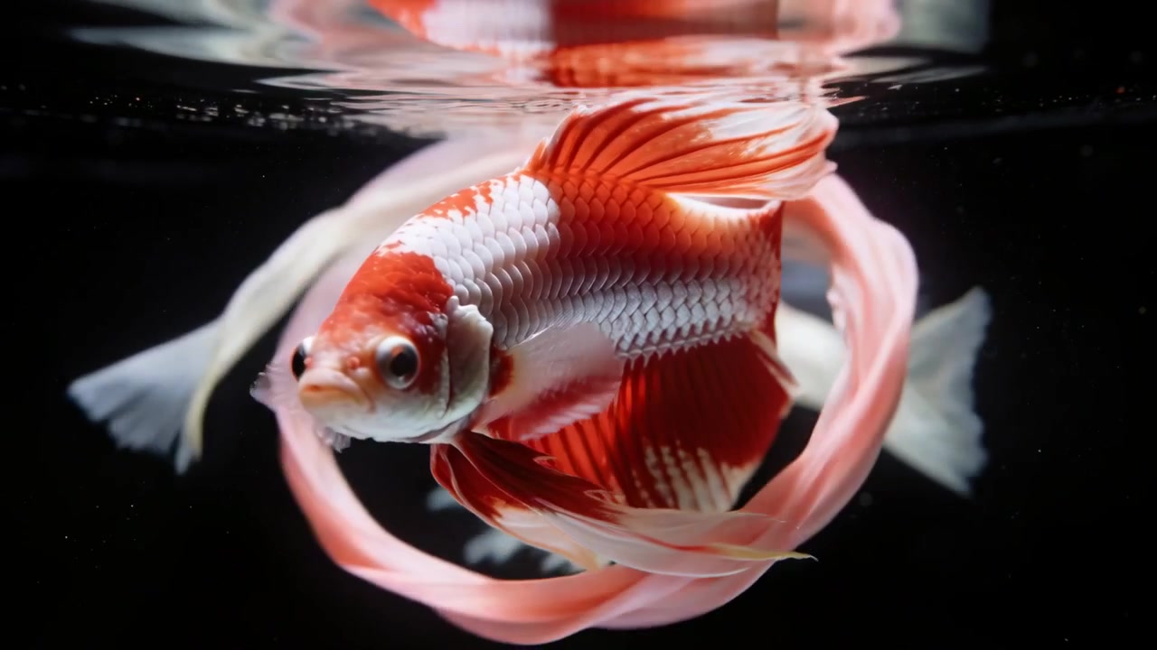 Pesce ornamentale rosso e bianco con pinne lunghe che nuota, le increspature delle pinne iniziano una lenta rotazione vicino al riflesso dell'acqua.