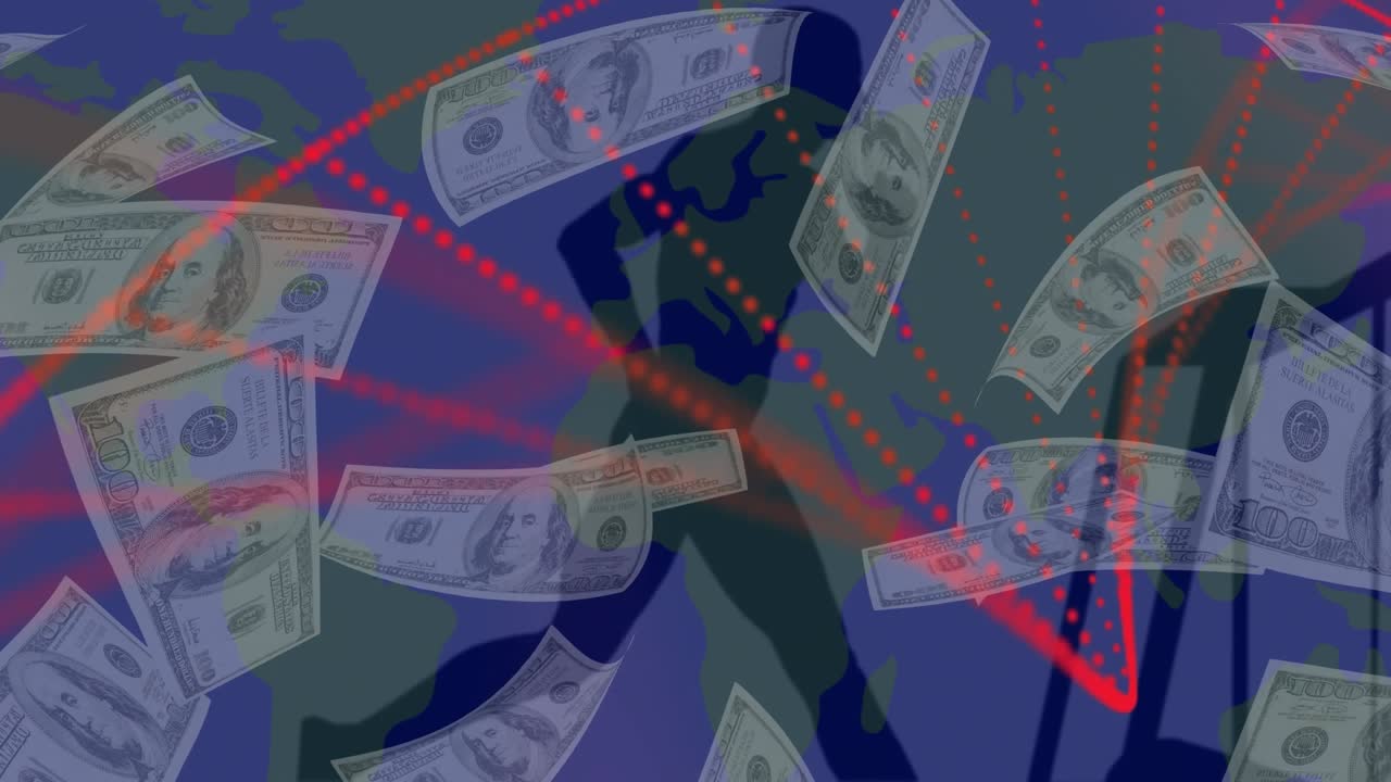 Animation of data processing over man boxing in gym