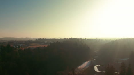 Winter-See-Drohne-Flug-Antenne-Gefrorenes-Wasser-Wald-Kiefern-Sonnenuntergang-Sonnenlicht-Lichtstrahlen-Pruhonice-Tschechien