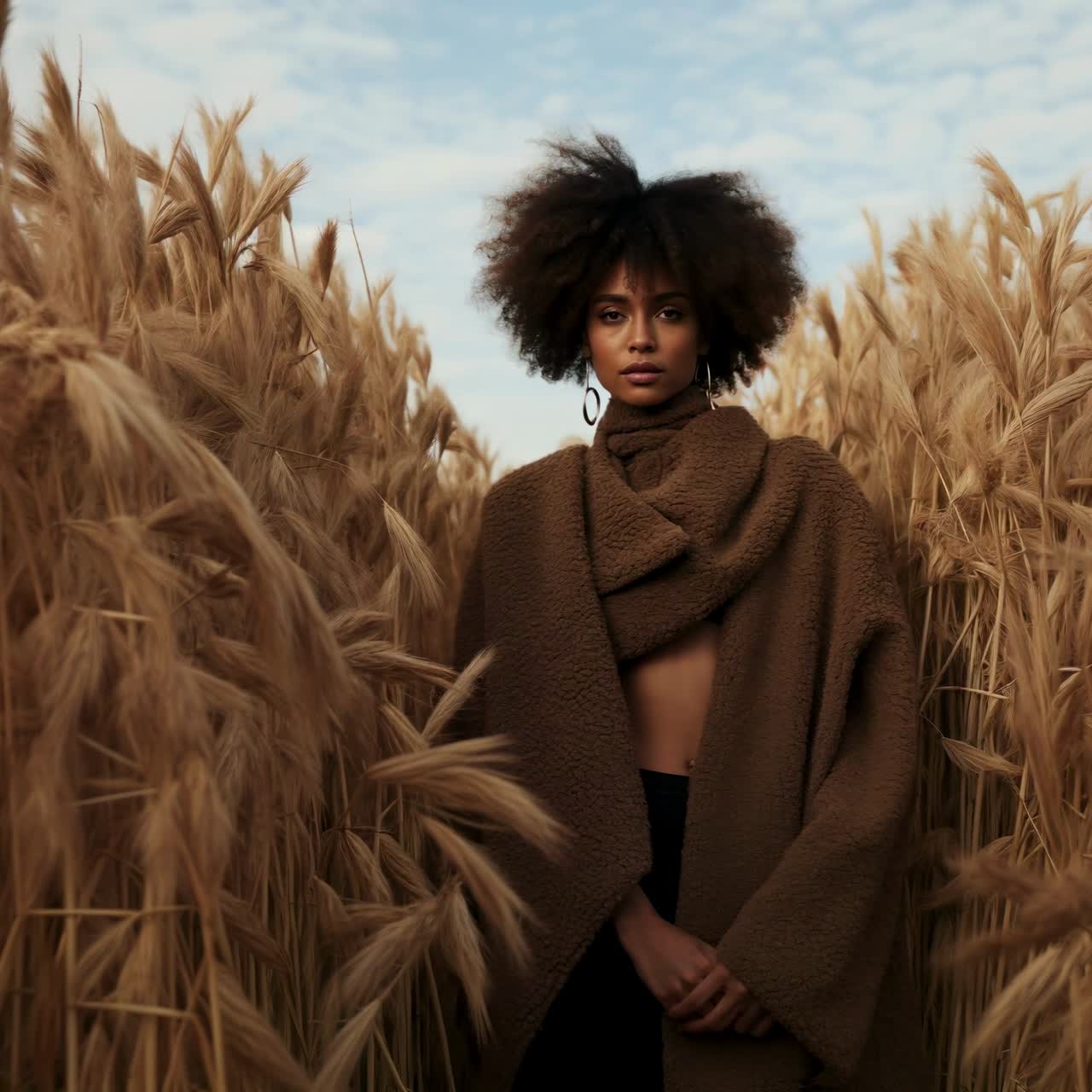 A serene video scene with a woman in a brown coat standing in a wheat field