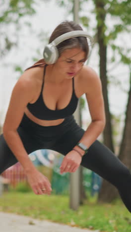 beautiful athlete stretching her legs while listening to music with headphones, wearing black leggings and top, outdoor park setting, focusing on health, fitness, and stretching