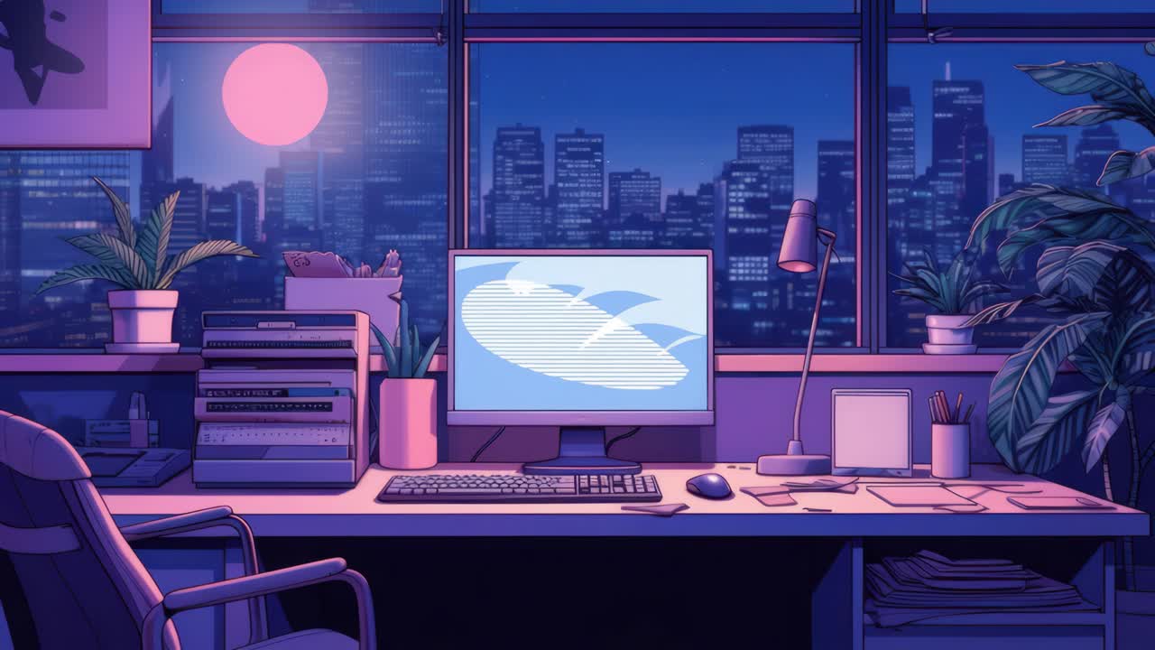 Aesthetic video concept of a cozy office at night. Wide-angle view of a desk with a cityscape