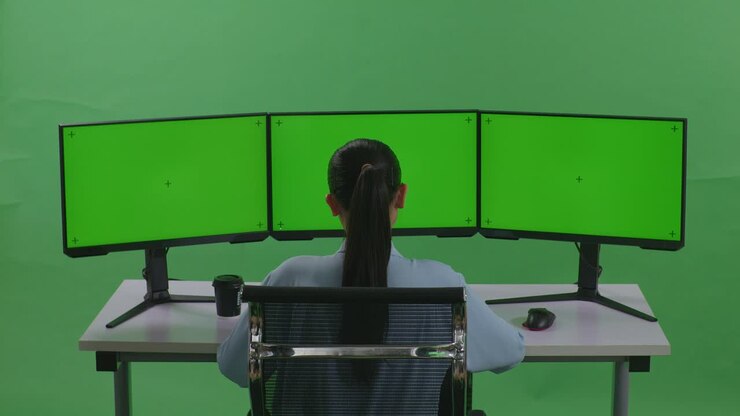 Vista posteriore di una donna asiatica che lavora con monitor multipli in mockup in uno studio con schermo verde.