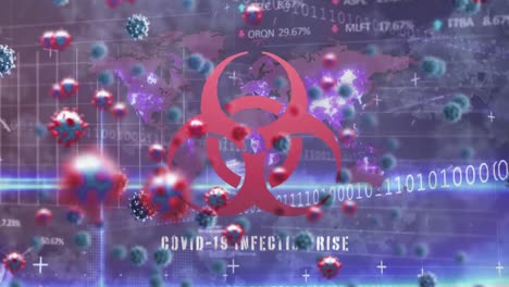 Animation of biohazard symbol and virus cells over data processing and world map