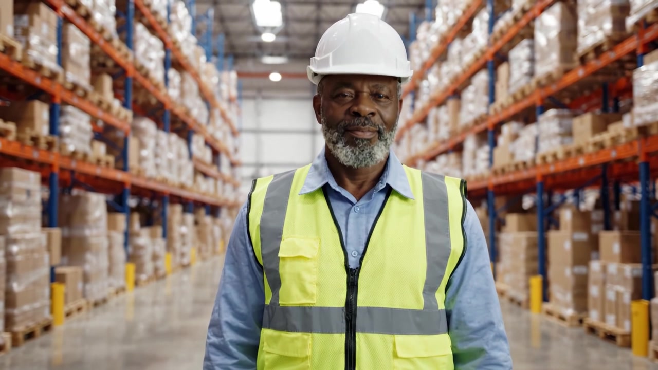 A Confident Warehouse Worker in Safety Gear Stands Proudly Amongst Stacks of Boxes in a Busy Distribution Center, Ensuring Smooth Operations and Safety Management.