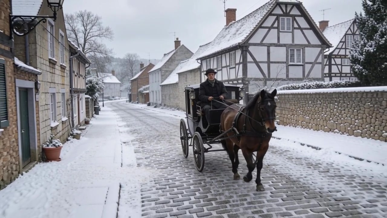 Hest og vogn træder frem med kusk, der holder tøjlerne, bevæger sig gennem sneklædt landsbygade