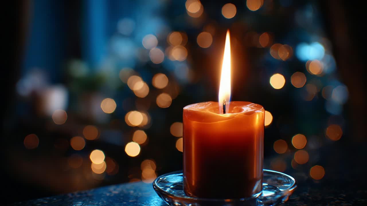 A Captivating Glow: The Steady Flame of a Candle Illuminates a Festive Setting, Casting Warm Shadows Among Softly Glimmering Lights of a Nearby Christmas Tree in the Background