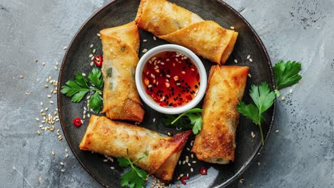 crispy spring rolls with spicy dipping sauce - overhead view