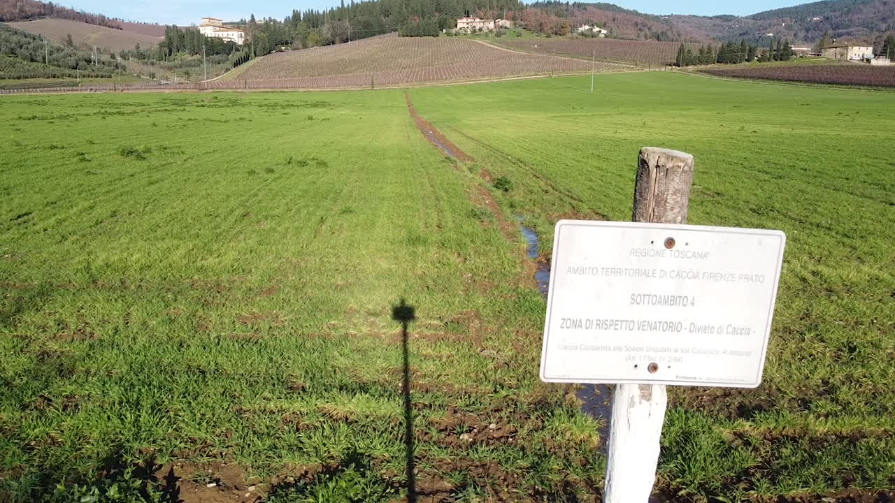 vista aérea panorámica sobre el campo verde de pan y cereales en las colinas toscanas durante el día soleado, movimiento de muñecas