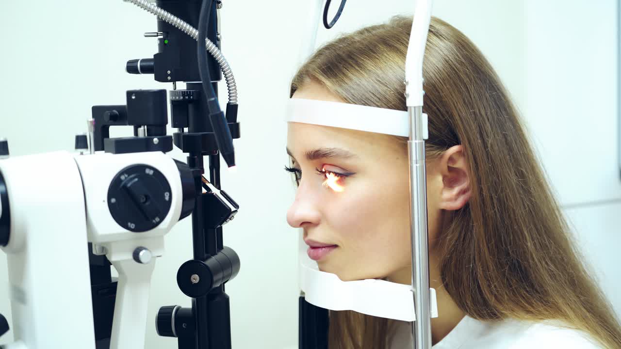 New medical device checking patient's eyes. Beautiful woman checks her eyesight at a doctor appointment. Ophthalmology concept, optometry.