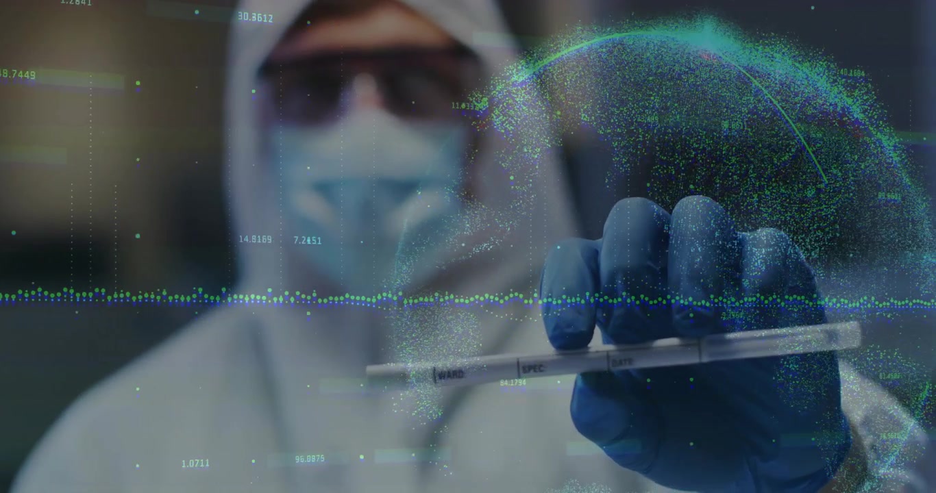 Científico investigador poniéndose un traje de materiales peligrosos y manipulando un tubo de muestra, con puntos de datos y un globo holográfico.