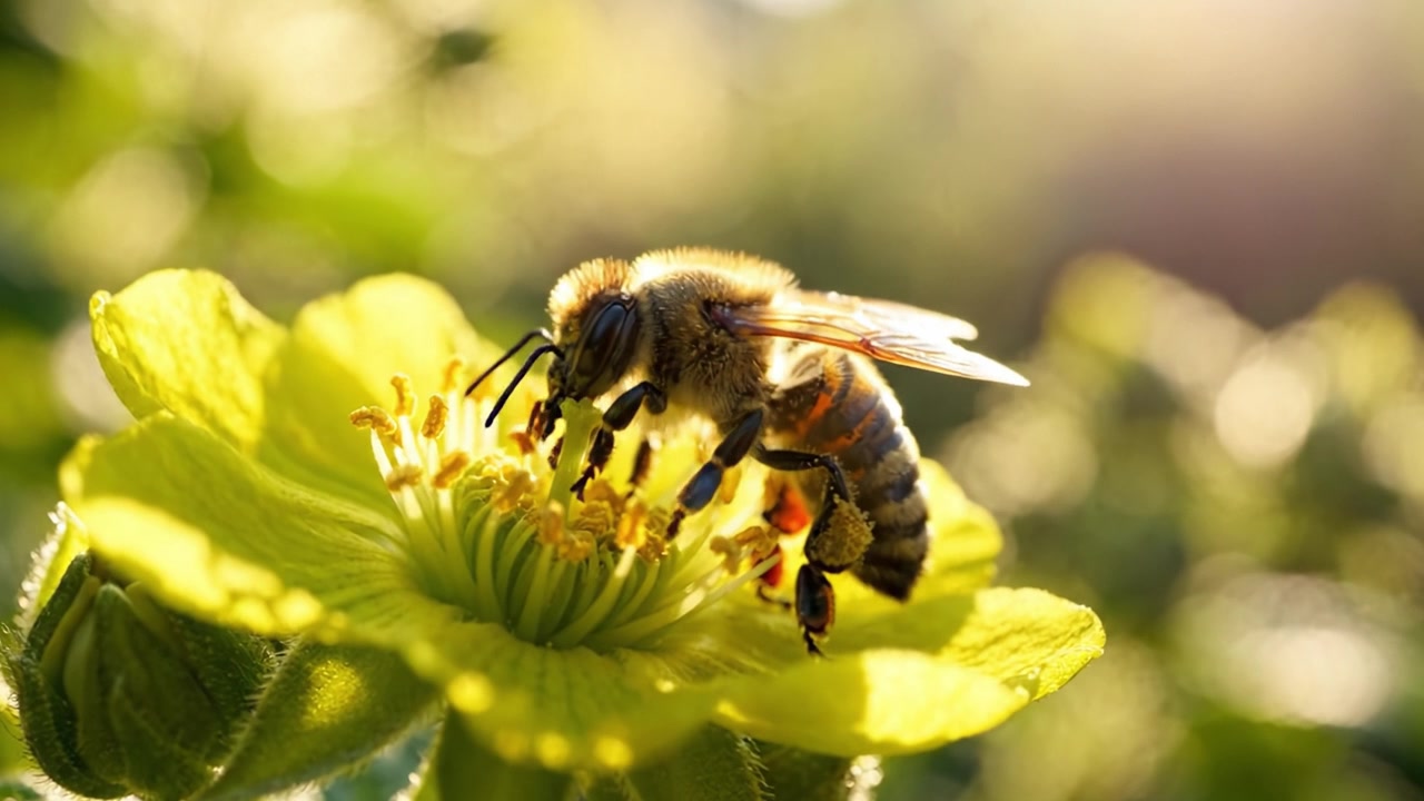 A Honey Bee Pollinates a Bright Yellow Flower, Capturing the Beauty of Nature and the Importance of Pollinators in Ecosystems and Agriculture