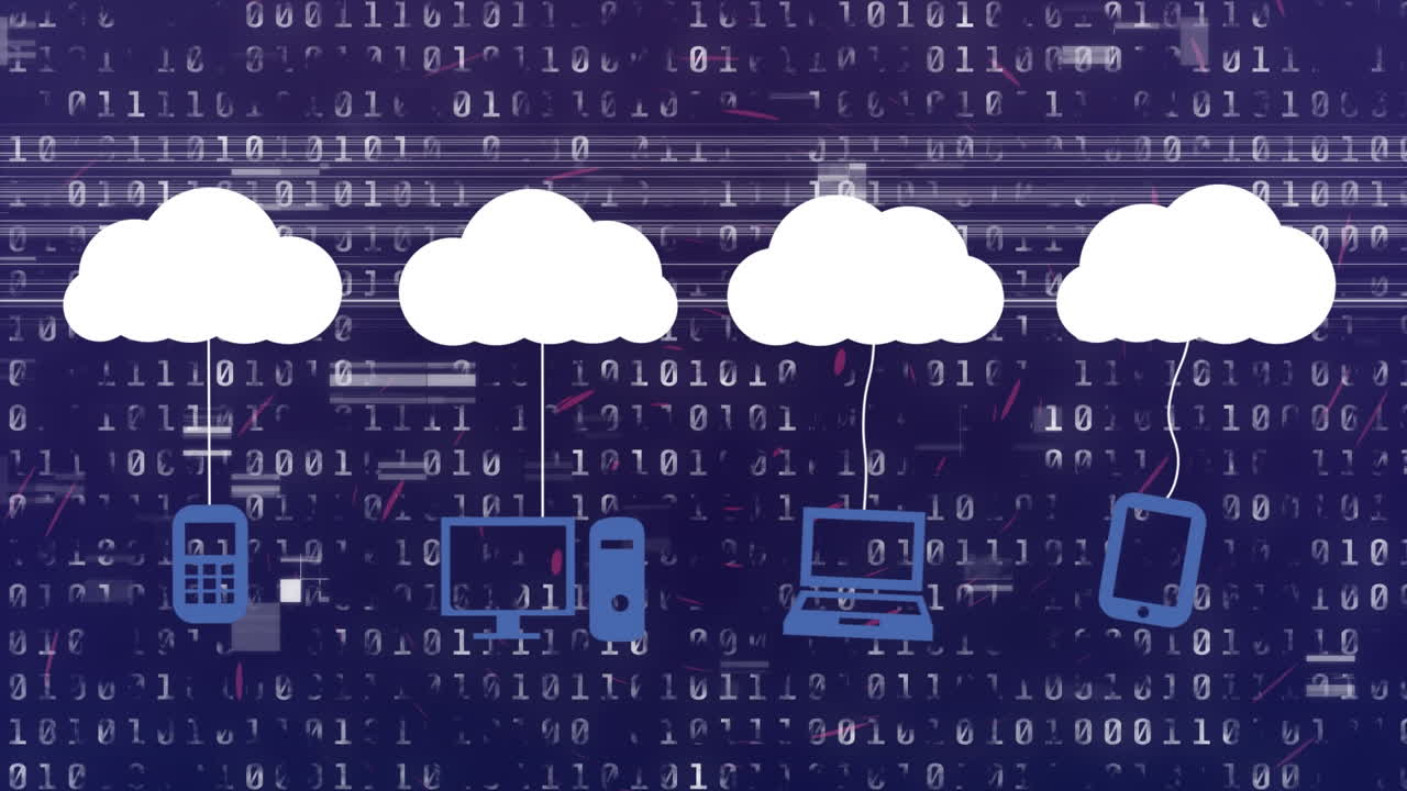 animación de nubes e iconos digitales a través de codificación binaria