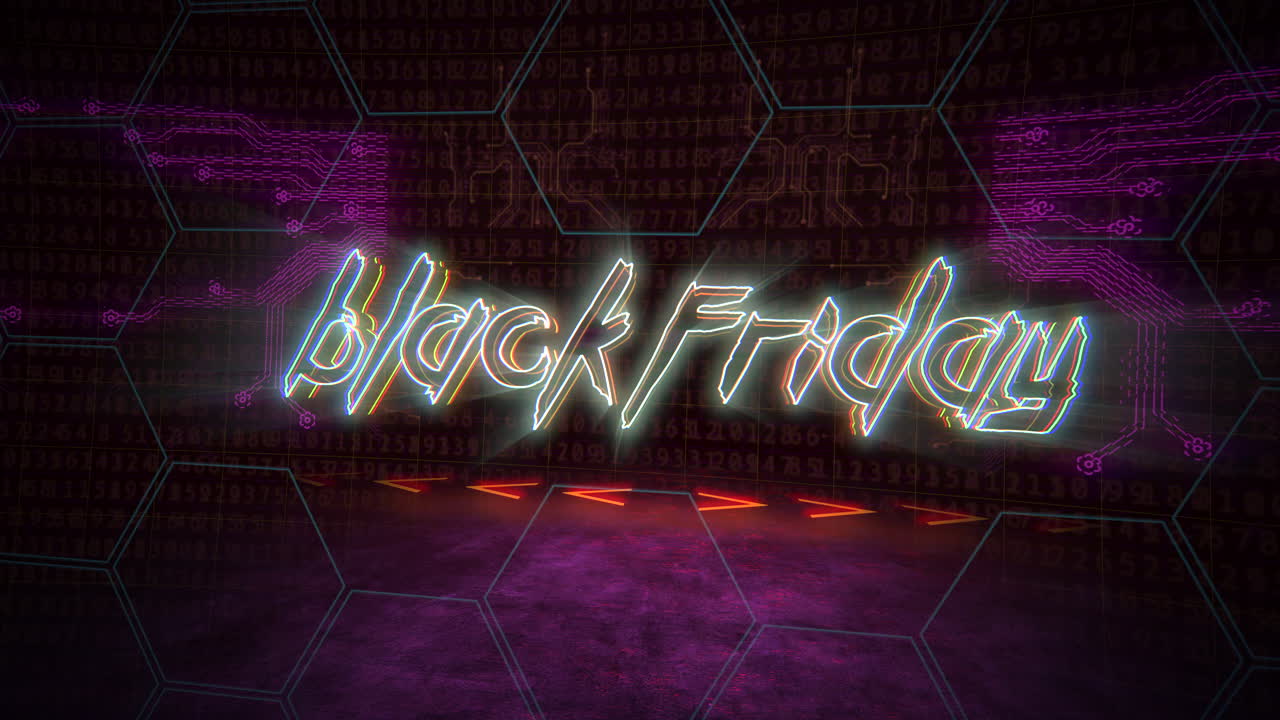 네온 숫자의 사이버펑크 디스플레이 및 코드 텍스트가 포함된 블랙 프라이데이