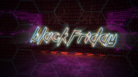 black friday with cyberpunk display and code text from neon numbers