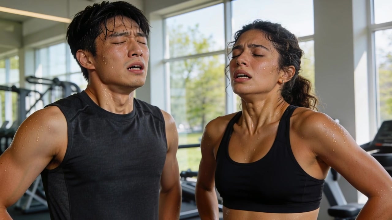 Breathing heavily, two exercisers wearing black tops recovering after cardio in gym near treadmills