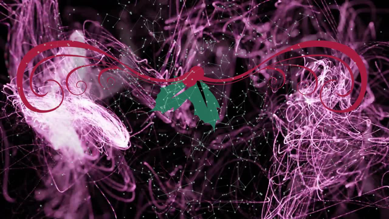 Faint pink vapor appearing, filaments multiplying and wrapping around holly ornament, framing motif