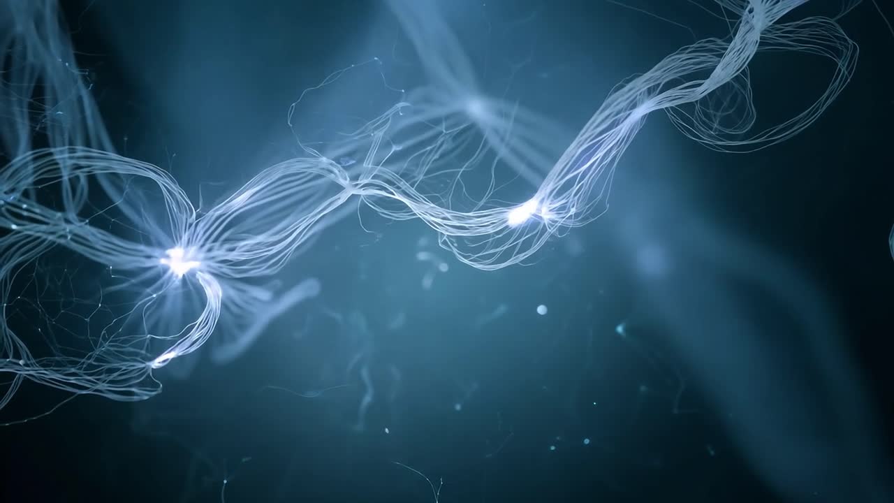 la energía azul que fluye conecta los puntos contra un fondo negro, creando una visualización abstracta y futurista