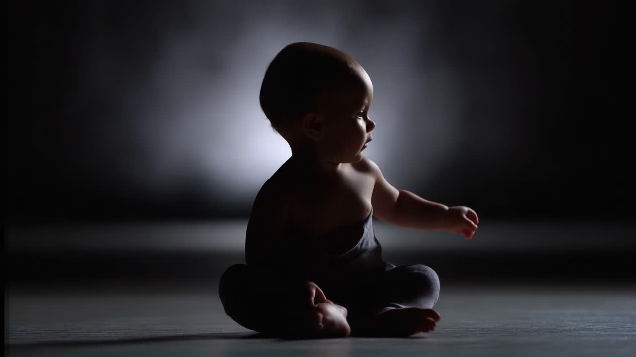 Bebè curioso in silhouette: una rappresentazione visiva di innocenza e scoperta su uno sfondo spettacolare