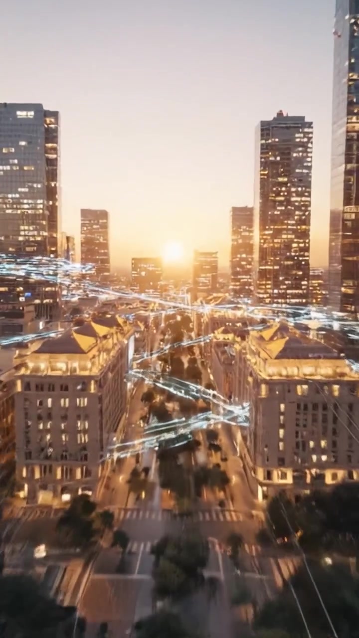 Futuristic Cityscape: A Skyline of Innovation with Digital Connectivity and Urban Life Transitioning from Day to Night in a Modern Metropolis