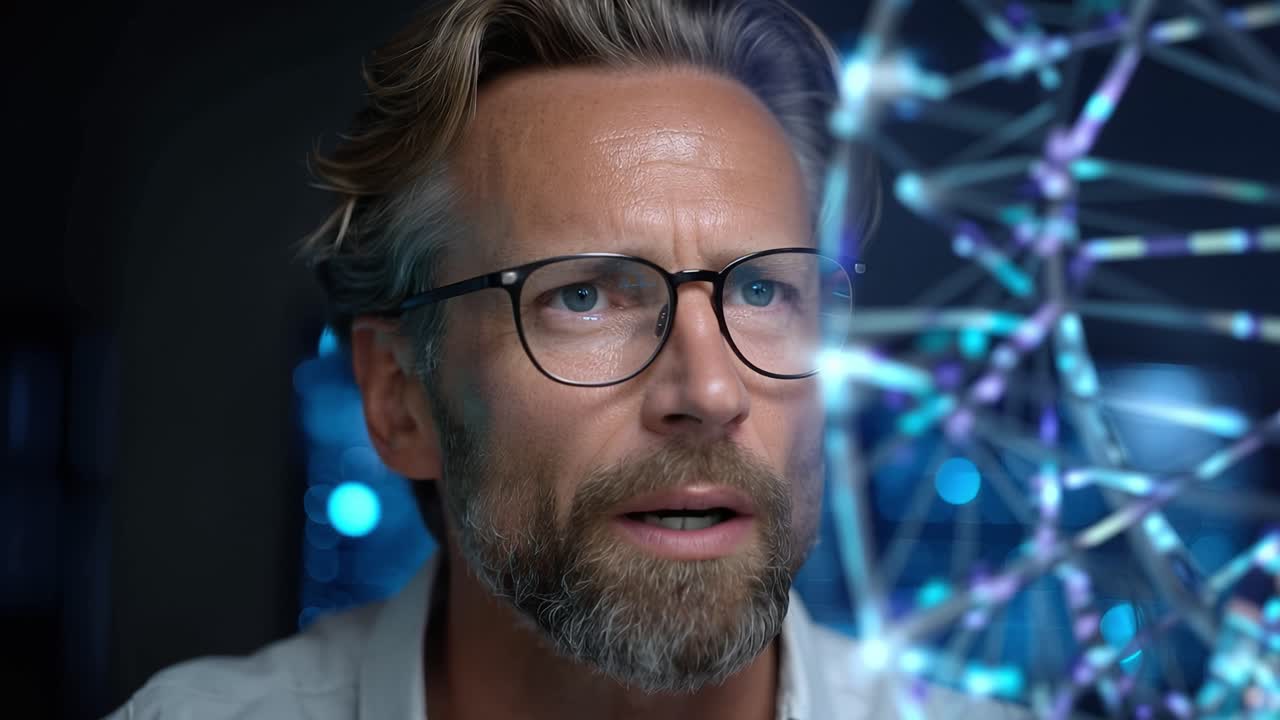 Focused Individual Analyzing Data with Advanced Technology in a Dimly Lit Environment, Highlighting Innovation and Insightful Observation of Complex Concepts