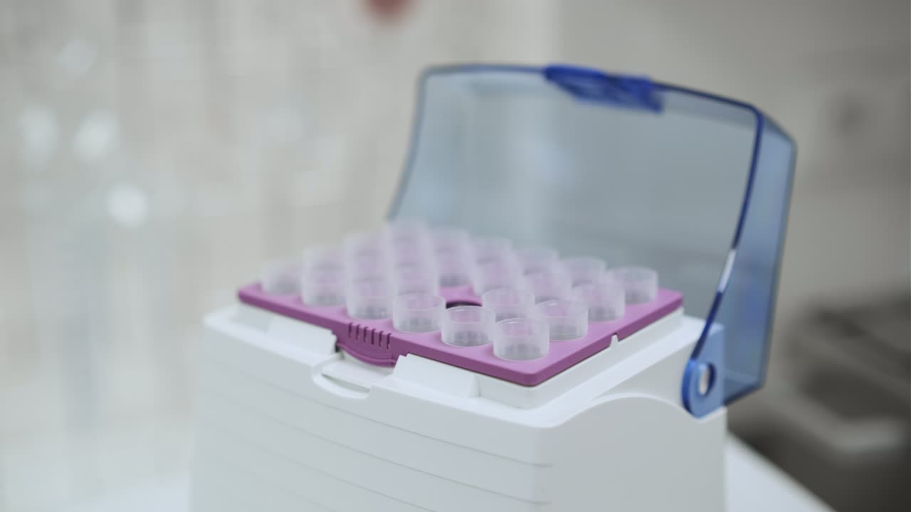 Lo scienziato raccoglie il campione usando una pipetta automatica.
