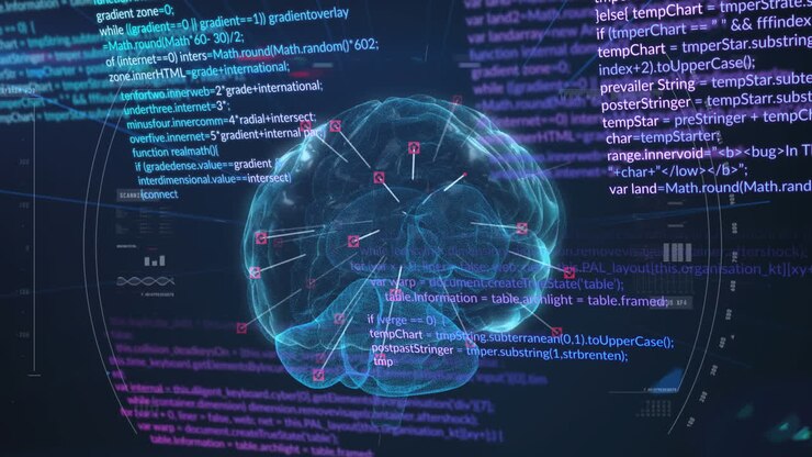 Animation of digital brain and data processing on black background
