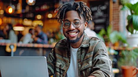 smiling young black man working on a laptop in a cafe