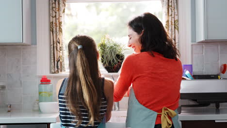 mum and daughter washing hands at kitchen sink, back view