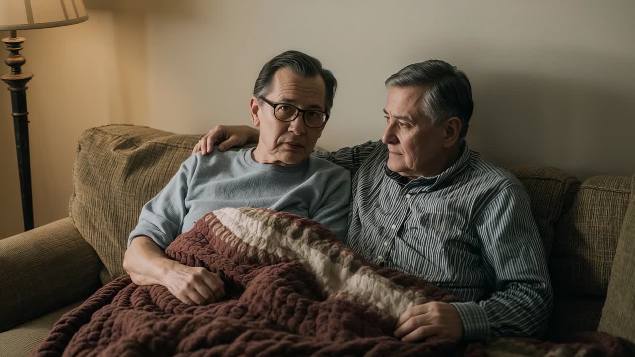 Escena de apertura con personas mayores reconfortándose y mirándose, sosteniendo una manta en un sofá, con suéter y camisa a rayas.