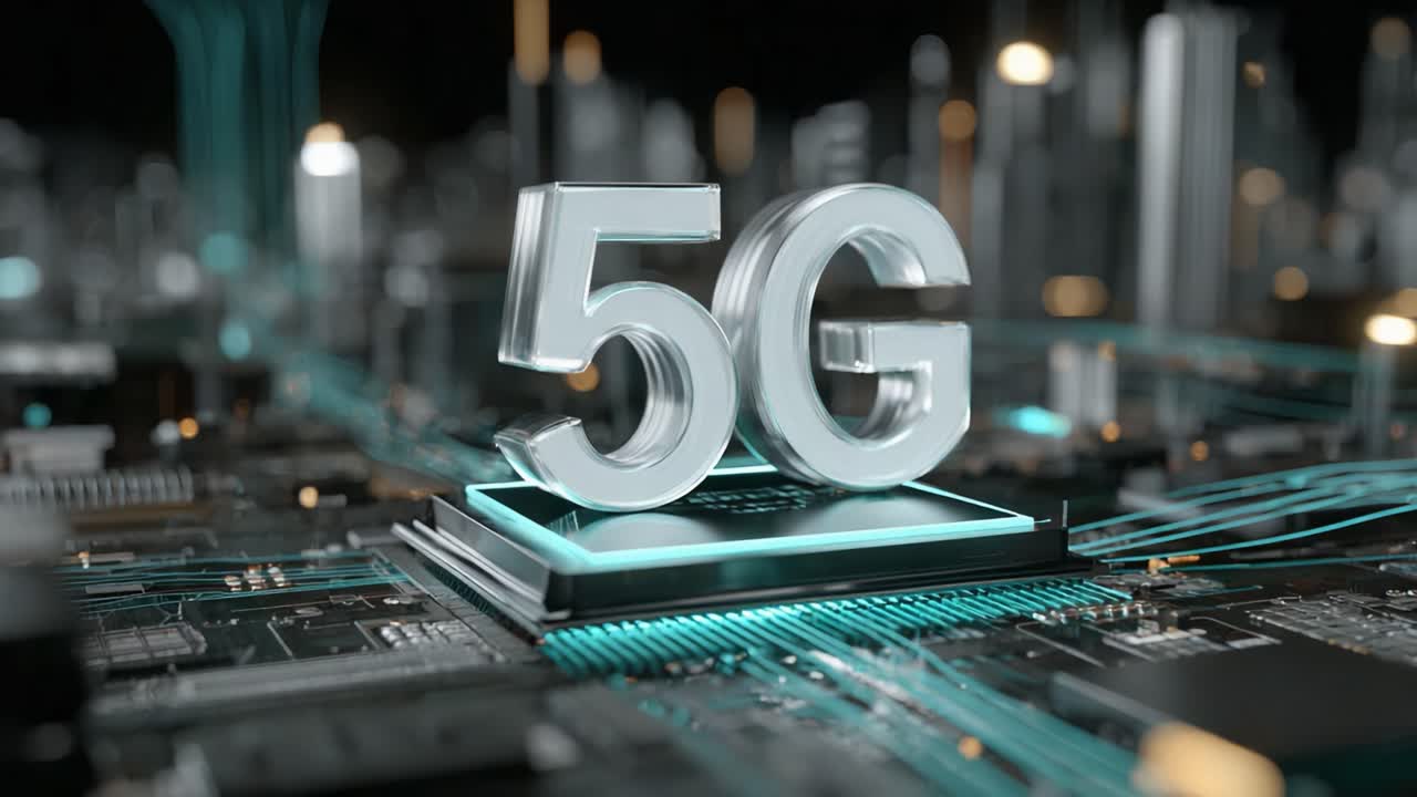 Il futuro della connettività: uno sguardo approfondito alla rivoluzionaria tecnologia 5G presentata su uno sfondo futuristico con circuiti stampati