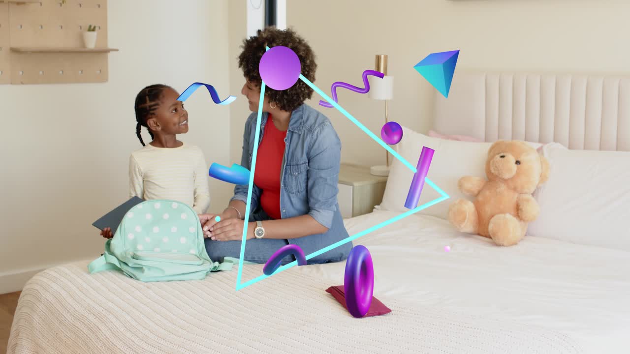 Mãe ajudando a filha a fazer as malas após entregar pasta amarela para a escola com formas neon sobrepostas