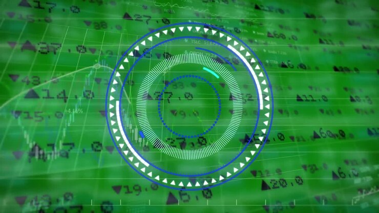 Animation of neon round scanner spinning over stock market data processing on green background