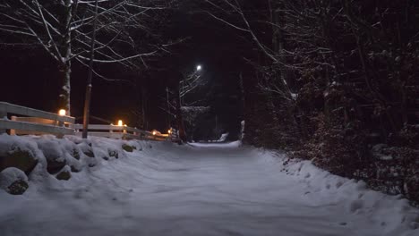 pov walking forward on an empty dark snowed path during the night