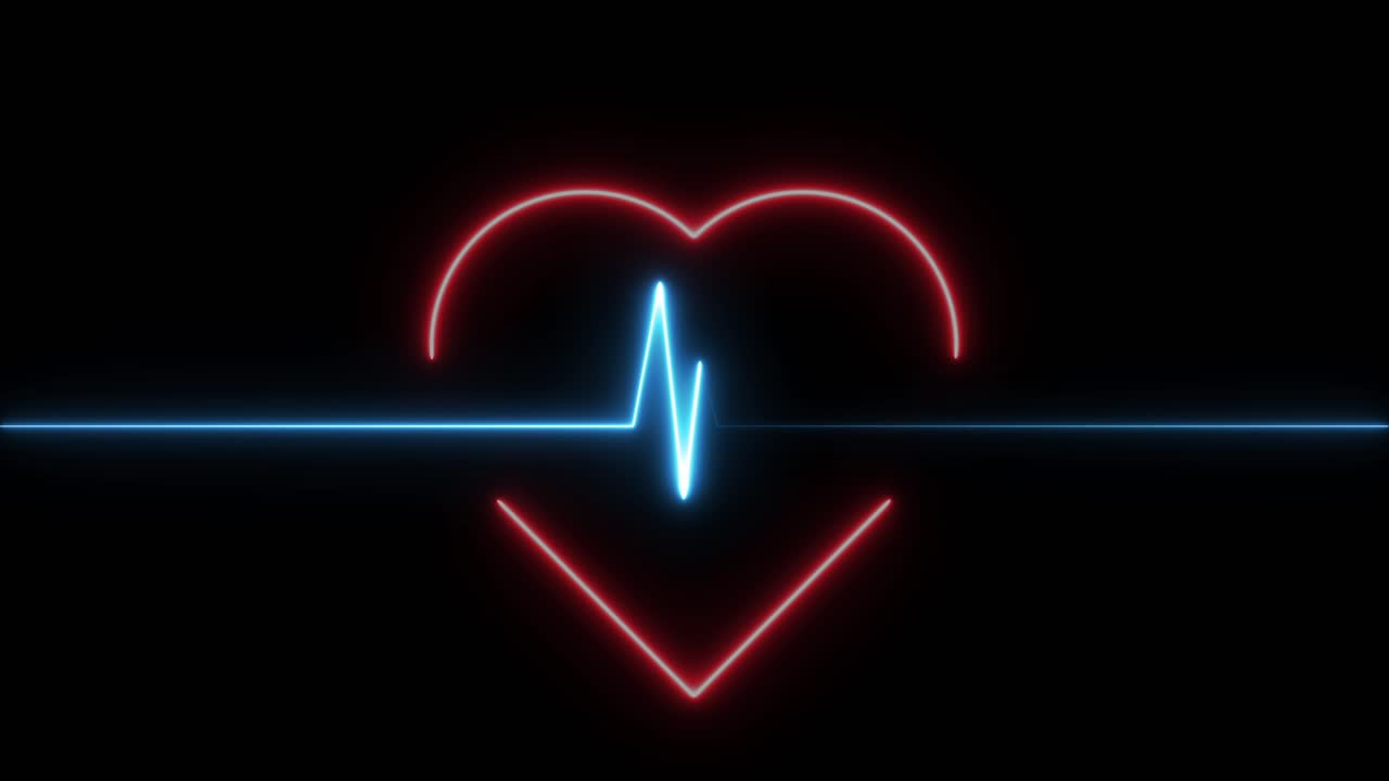 Animazione al neon di cardiogramma e frequenza cardiaca isolata su sfondo nero