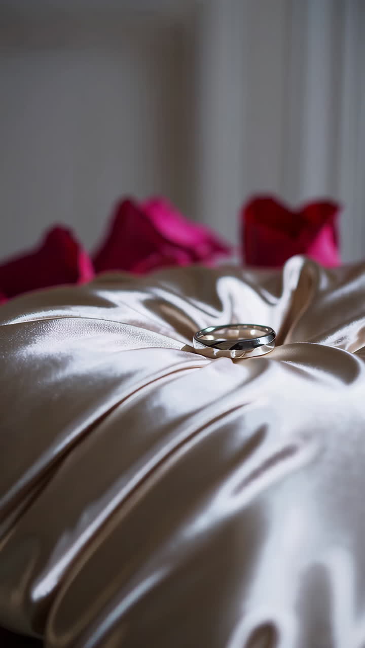 Wedding Ring on Satin Pillow with Pink Roses