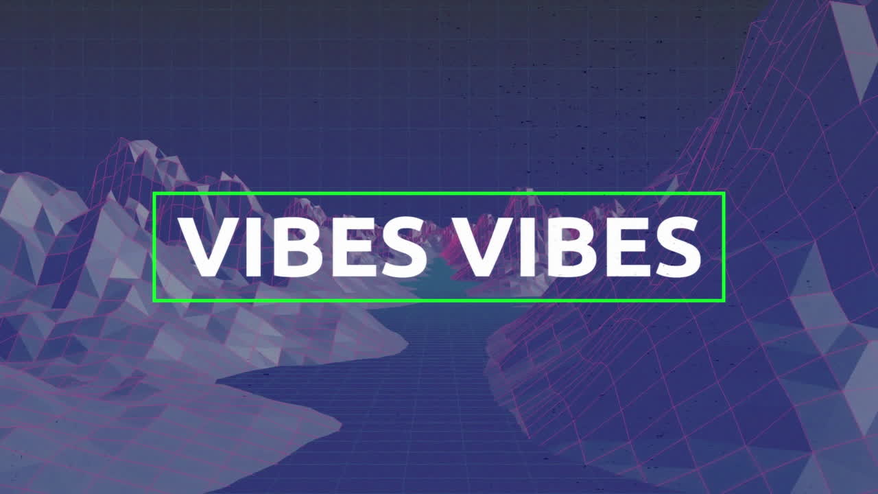 animación de vibraciones en texto blanco con cruces rosas y líneas verdes sobre paisaje gris en azul