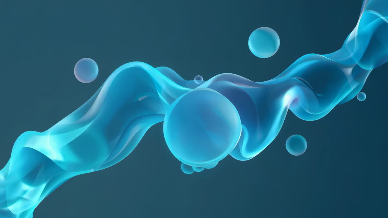 Animazione di un nastro ciano fluttuante e una grande sfera che galleggia in un gradiente color turchese con bolle che implicano il flusso