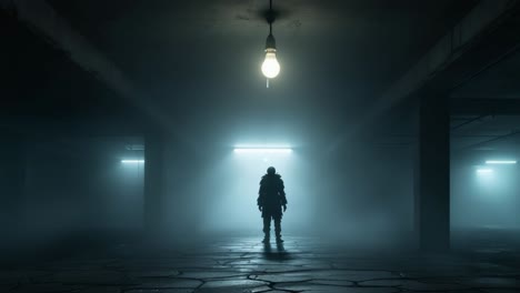 mysterious figure stands in foggy underground space illuminated by overhead lights