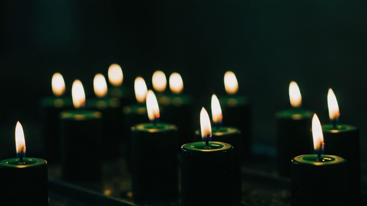 A Serene Arrangement of Flickering Candles Casting Gentle Light in a Dimly Lit Space, Creating an Atmosphere of Calm and Reflective Peace