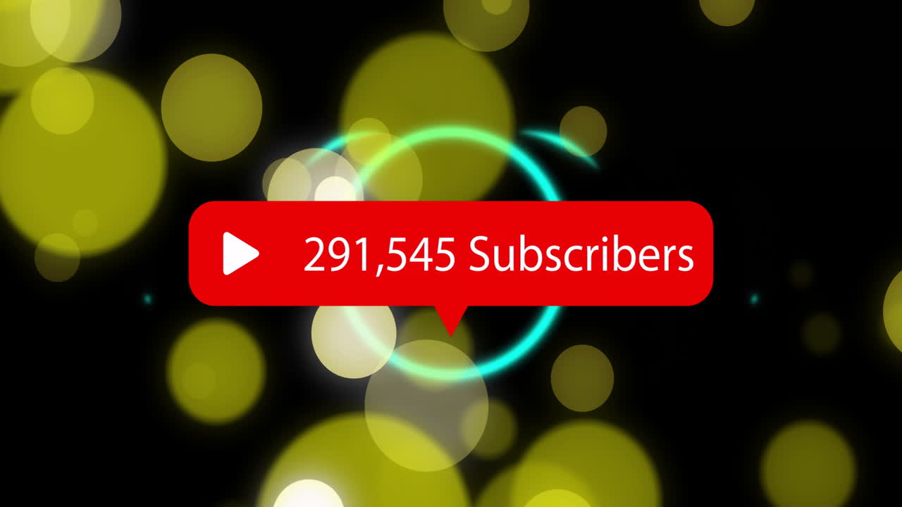 Red subscriber bubble with white play icon floating over dark, glowing yellow bokeh moving around