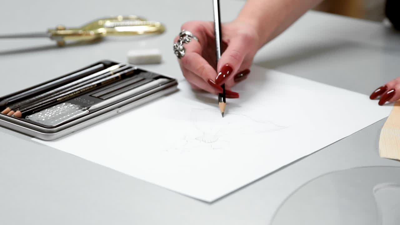 Designer drawing sketches for clothes. Hipster designer working from home, sketching a fashion project. Female artist's hand sketching with a pencil on a light day. Closeup.
