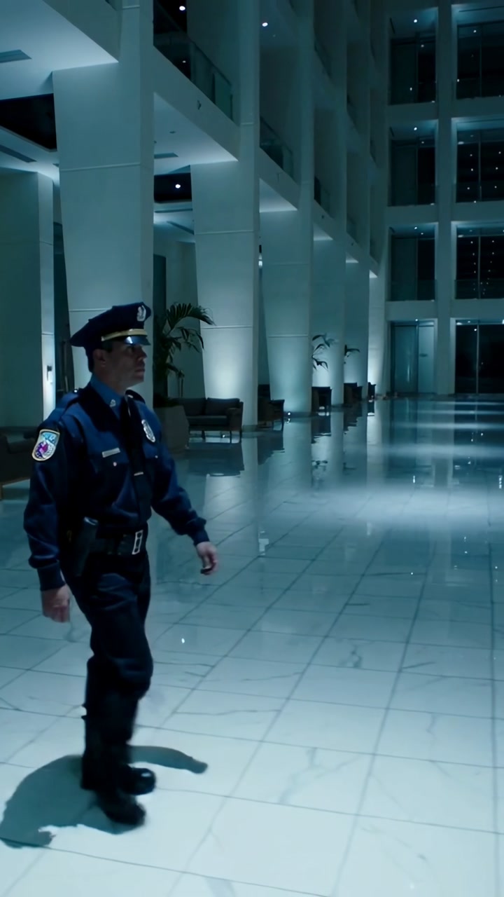 Vertical video: Entering left, guard in uniform patrolling marble floor with holster, copy space