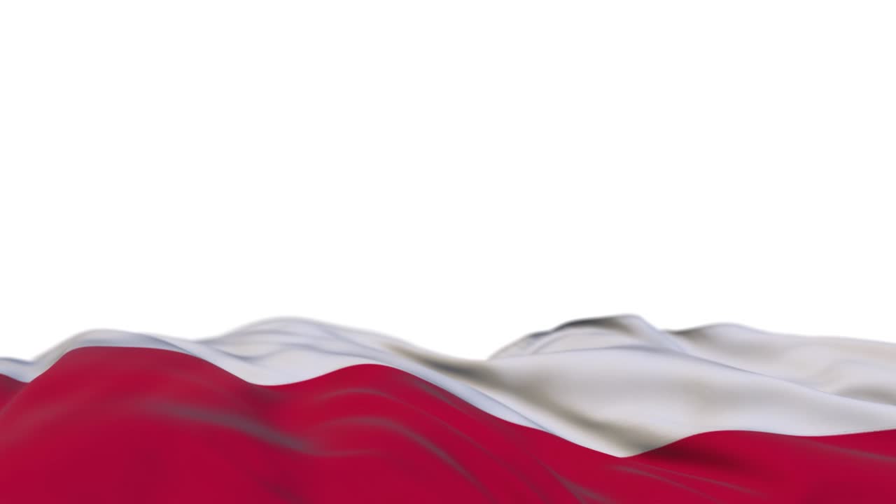 바람의 루프에 흔들리는 폴란드의 천 발, 바람에 흔들린 폴란드의 봉제, 은 천의 배너, 반 채워진 색 배경, 텍스트를 위한 장소, 20 초 루프.