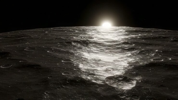 Uma Vista Deslumbrante da Paisagem Lunar ao Nascer do Sol, Exibindo o Terreno Vasto e Acidentado Iluminado pelo Sol Nascente e pela Superfície Reflexiva da Lua